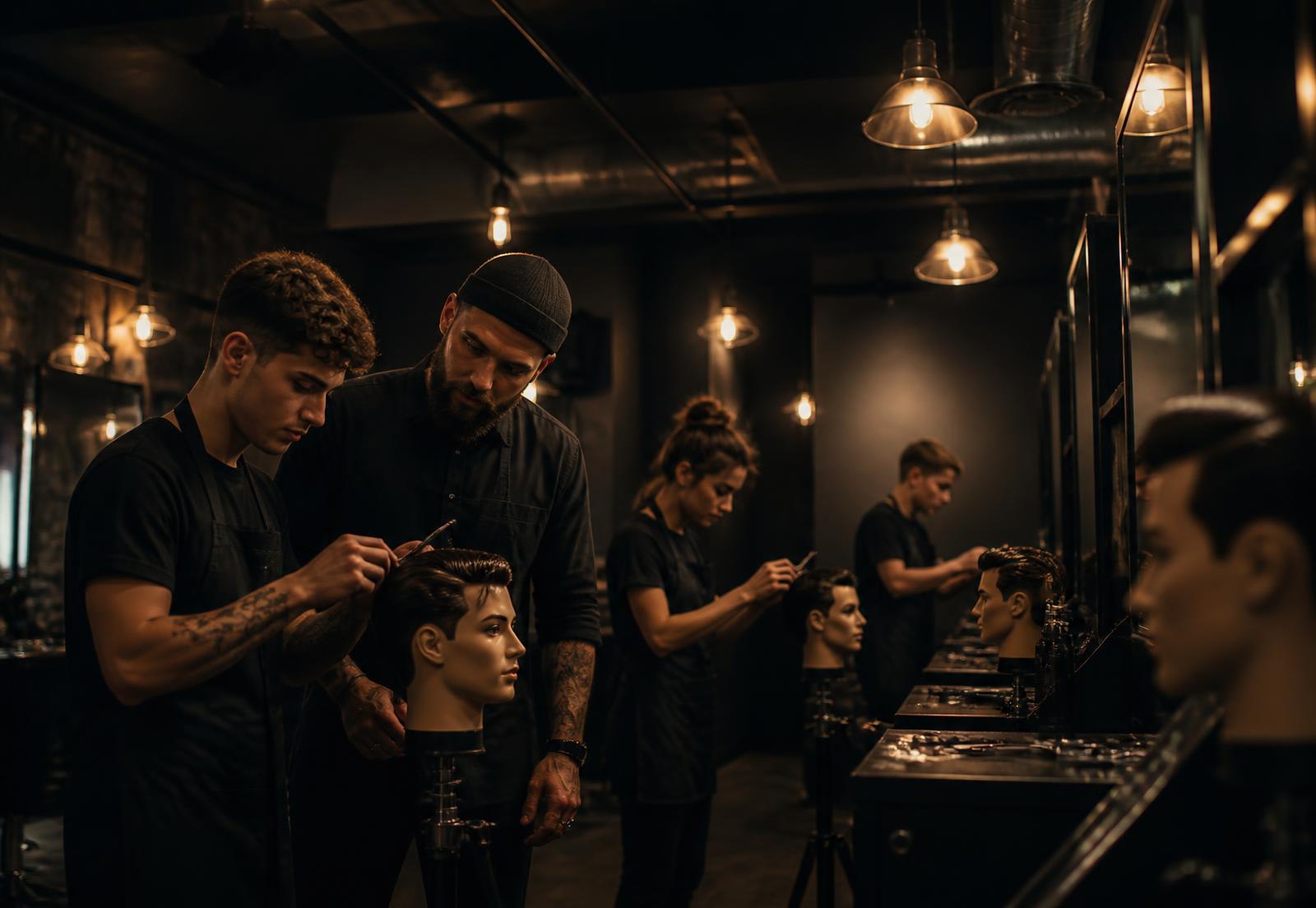 Students training on mannequin heads under instructor guidance at the academy