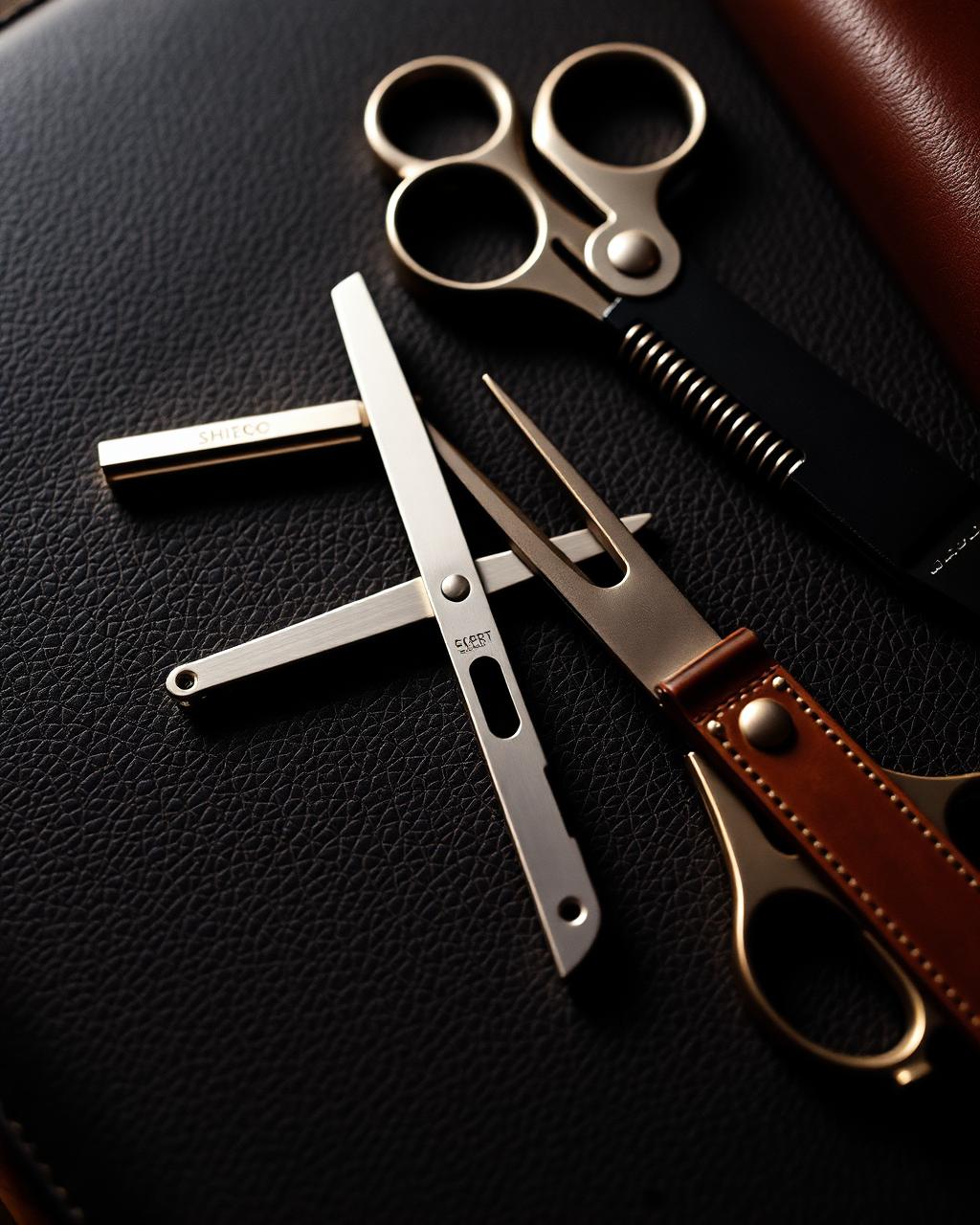 Barbering tools on dark leather